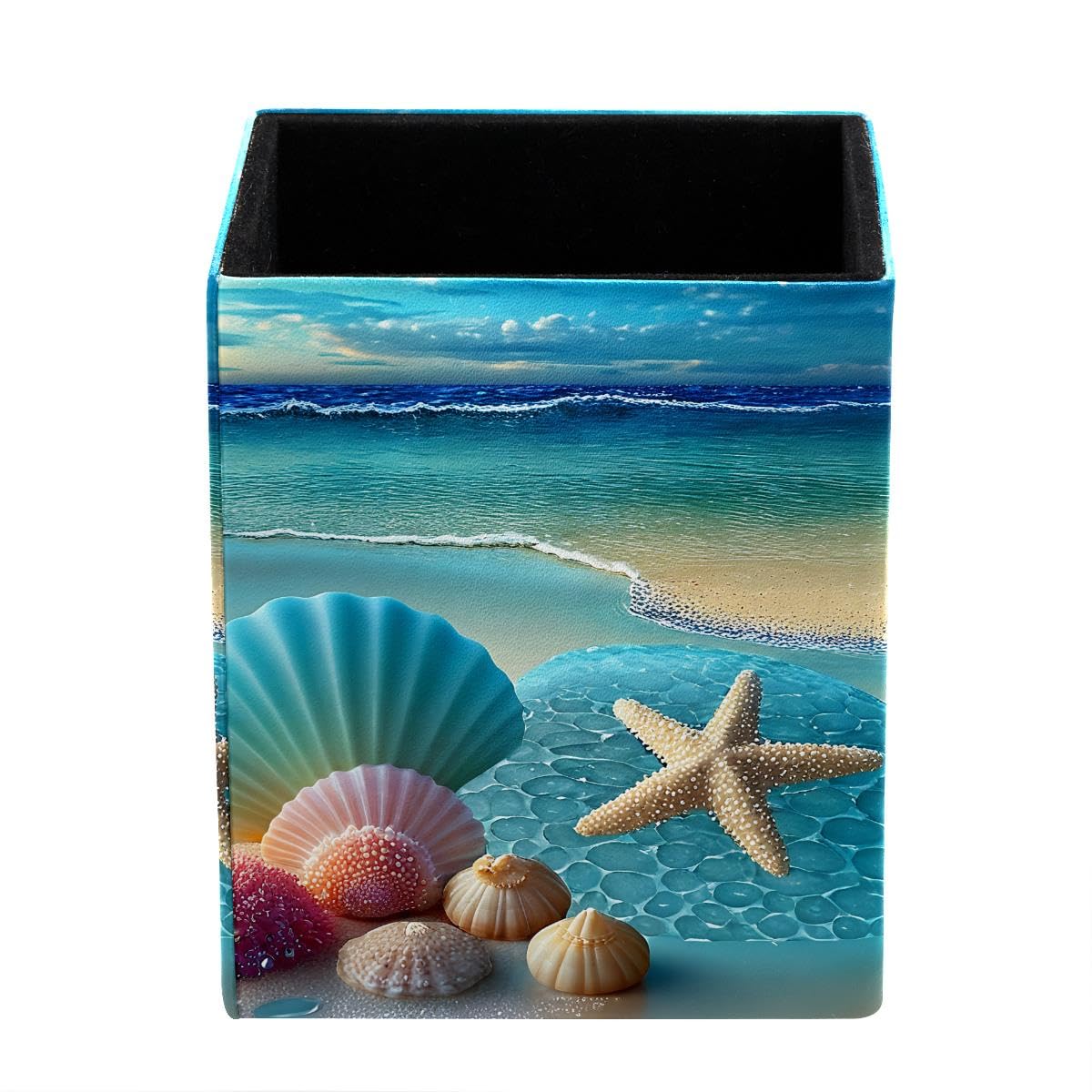 HEOEH Seashell Starfishes Pen Holder Pen Pot, Square Pencil Cup for Desk