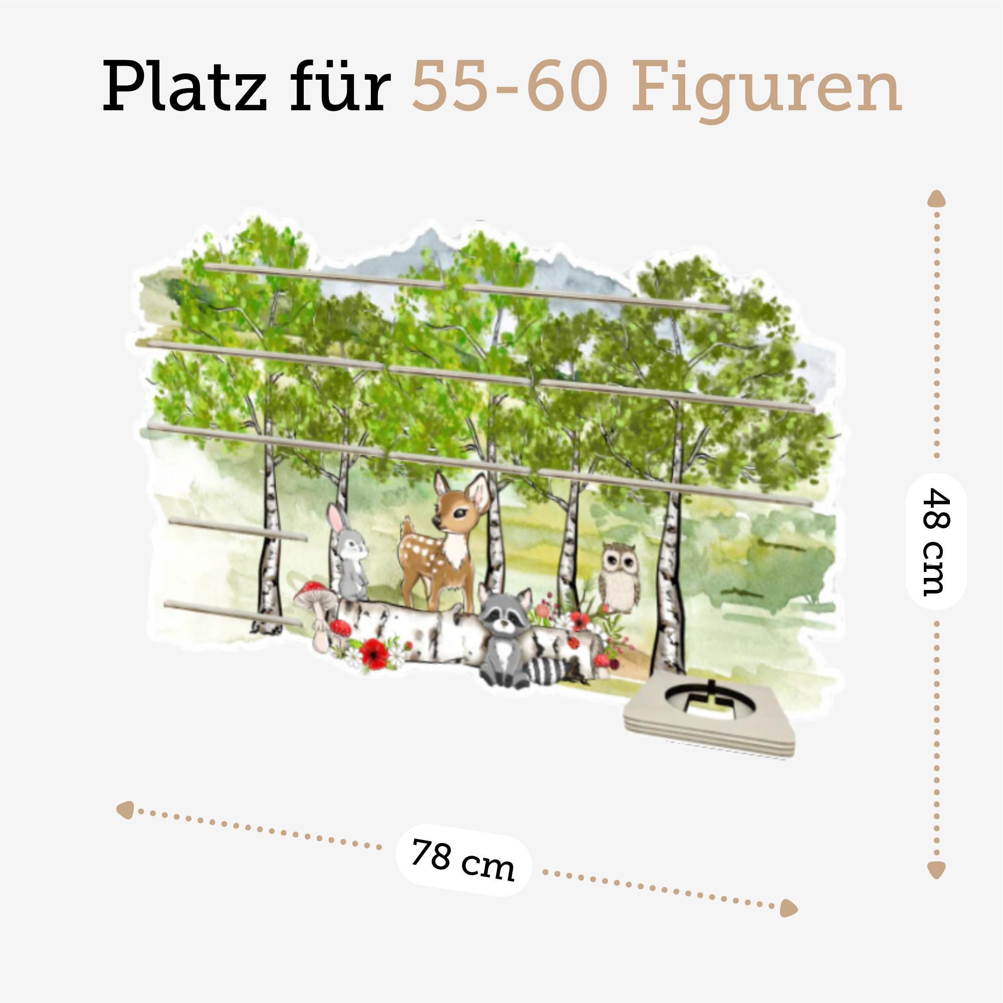 Farbklecks-Collection Musikboxregal Waldfreunde, Wandregal für bis zu 60 Hörfiguren, Maße 78 x 48 x 6 cm, mit speziellem Ablagefach kompatibel mit Toniebox, handgefertigt in Deutschland