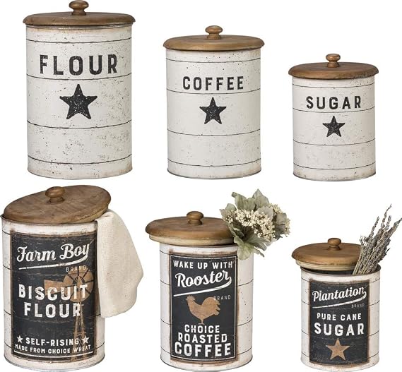 Primitives by Kathy 39060 Farmhouse Tin Canisters, Sugar/Coffee/Flour