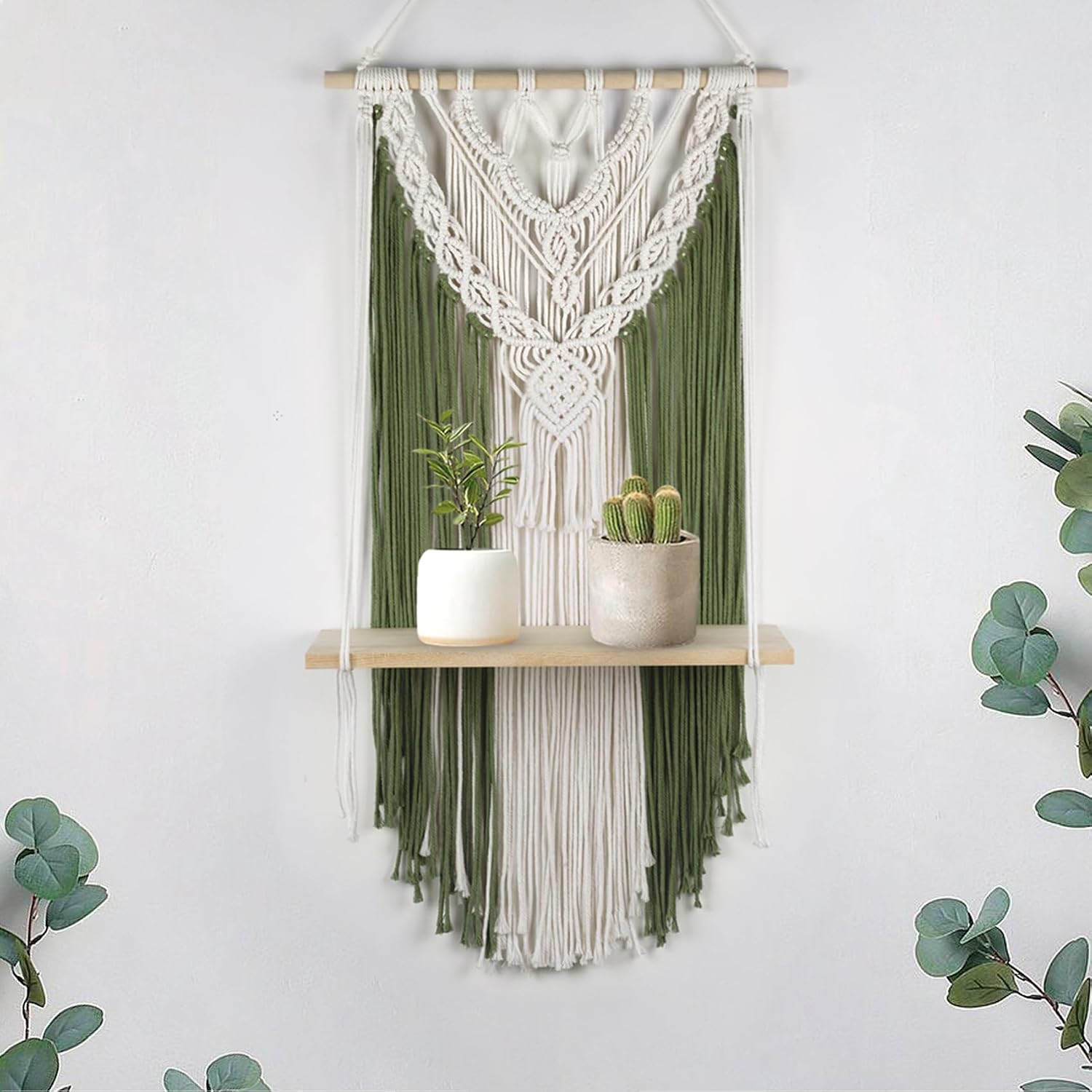 LB Green Macrame Wall Hanging Shelf Plant Holder Wall Decor 16x32 inch | Boho Hand Woven Macrame Wall Hanging,Green Cotton Macrame Wall Decor,Wood Floating Wall Shelf Decor for Bedroom Living Room
