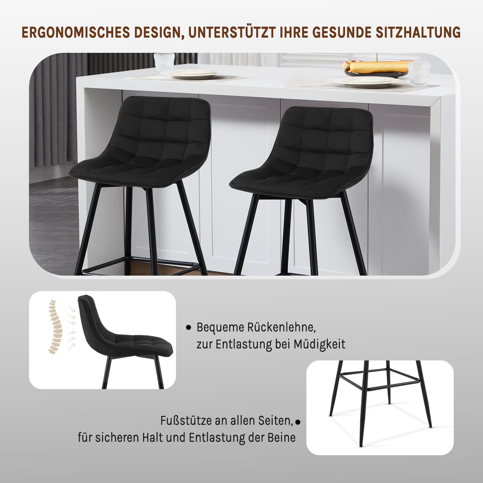 WOLTU Barhocker 2er Set Designer Barstuhl Hocker Tresenhocker Bistrohocker mit Fußstütze Samt Metall Schwarz