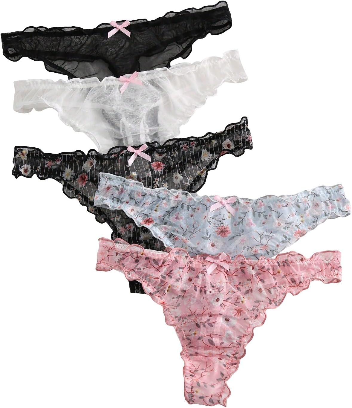 Women's 5pack Cute Panties Floral Print Low Rise Frilly Panties Coquette Underwear Set