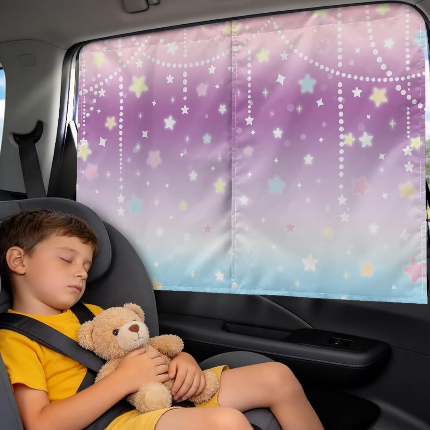 Binienty Rainbo Stars Print Car Window Shade for Back Seat Privacy, Blackout and See-Through Modes for Kids Naps Travel, Cute Car Accessories 2 Pack