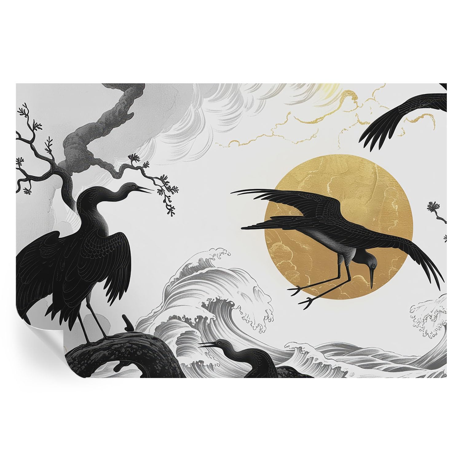 Papel pintado para tapar imperfecciones en dormitorio mural de grullas negras autoadhesivo lavable