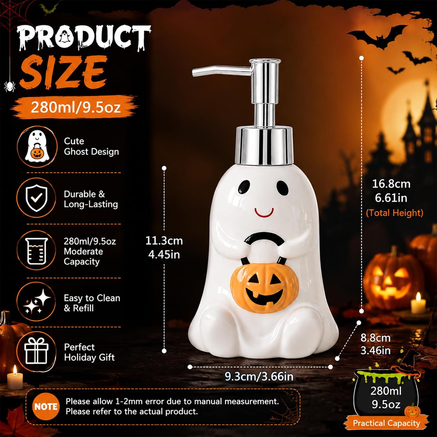 Halloween Ghost Ceramic Soap Dispenser Cute Ghost Pumpkin 280ml/9.5oz Refillable Liquid Hand Soap Pump Bottle Halloween Decorative Dispenser for Bathroom Countertop for Home Party Decor Gift