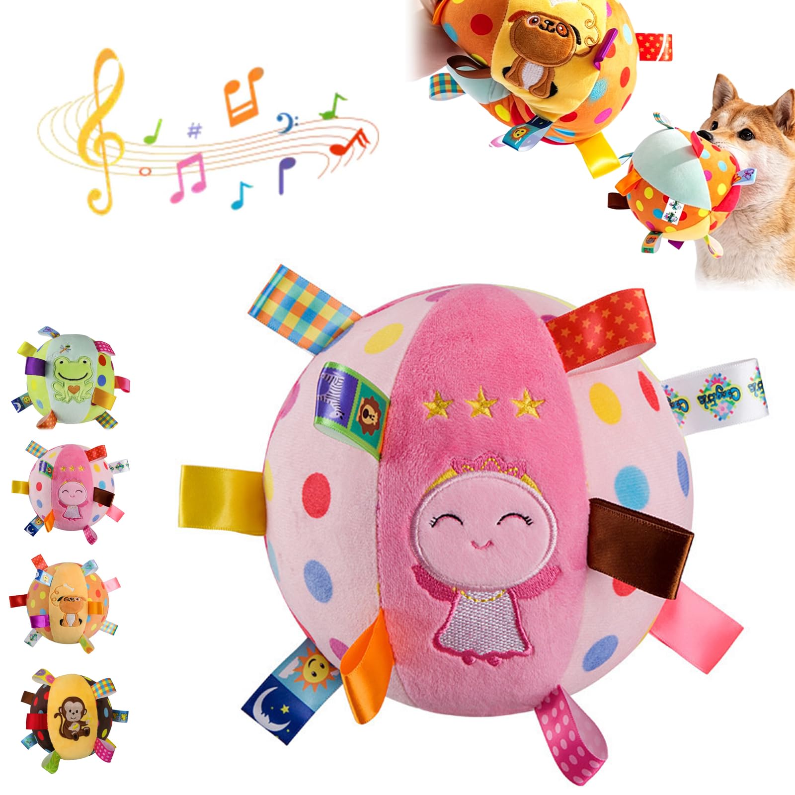 Colorful Squeaky Hanging Dog Training Toy, Dog Tag Toy, Squeaky Plush Toy for Puppies Small Medium Dogs, Soft Stuffed Cotton Ball with Built-in Bell, Interactive Fetch Toy for Indoor Play (Pink)