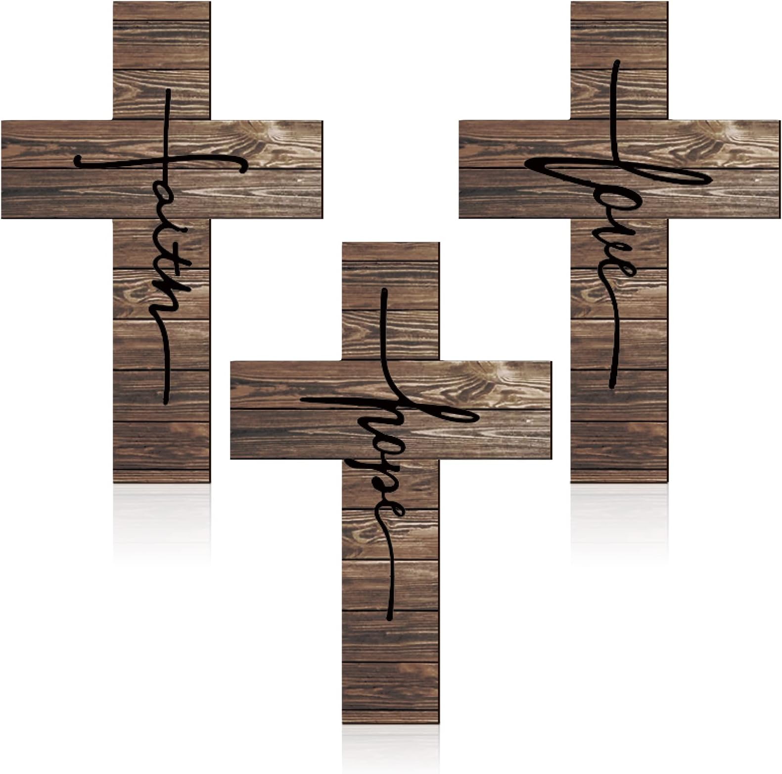 3 Pieces Faith Love Hope Cross Sign Wood Wall Hanging Cross Rustic Cross Wall Decor Vintage Cross Wall Art Religious Love Cross Wall Decor Farmhouse Home Hanging Decor, 12 x 8 Inch (Brown)