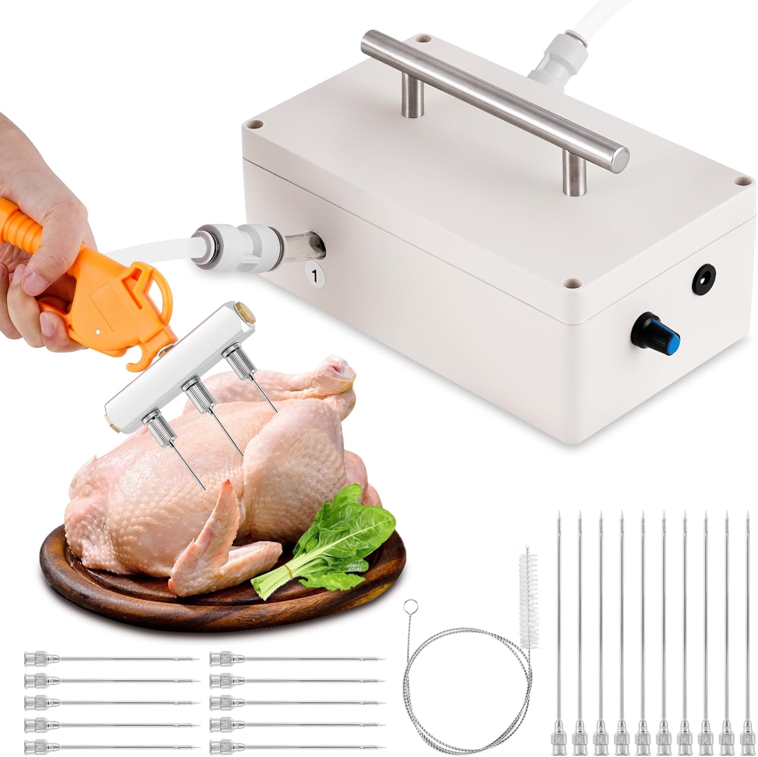 Electric Meat Injector Gun Pump with Hose, 65W Marinade Injector Syringe with 20 Needles for Home Grilling, Family Parties & Outdoor Cooking Turkey, Pork, Beef (Yellow)