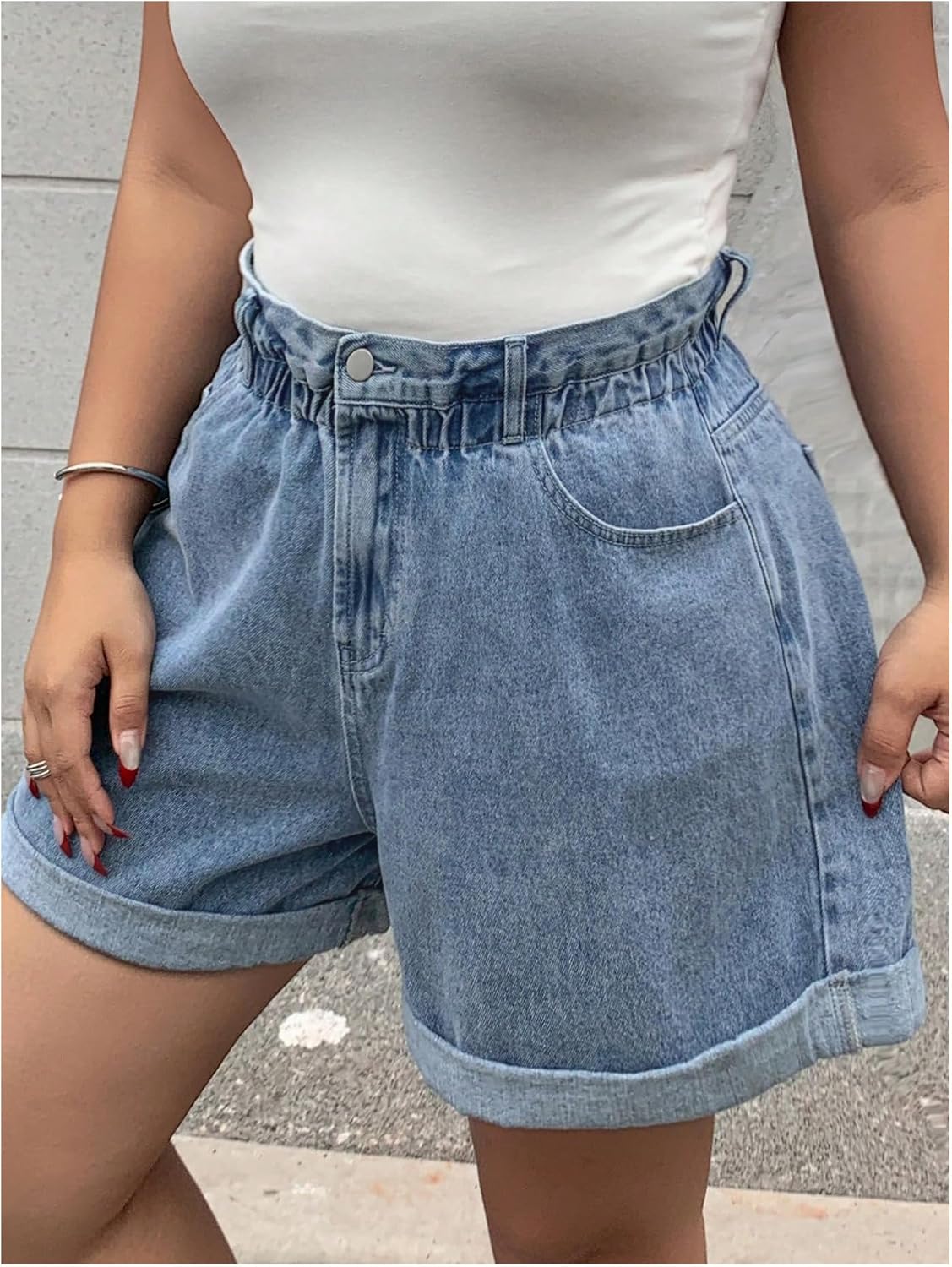 SOLY HUX Women's Plus Size Baggy Jean Shorts High Waisted Wide Leg Rolled Hem Casual Summer Denim Shorts