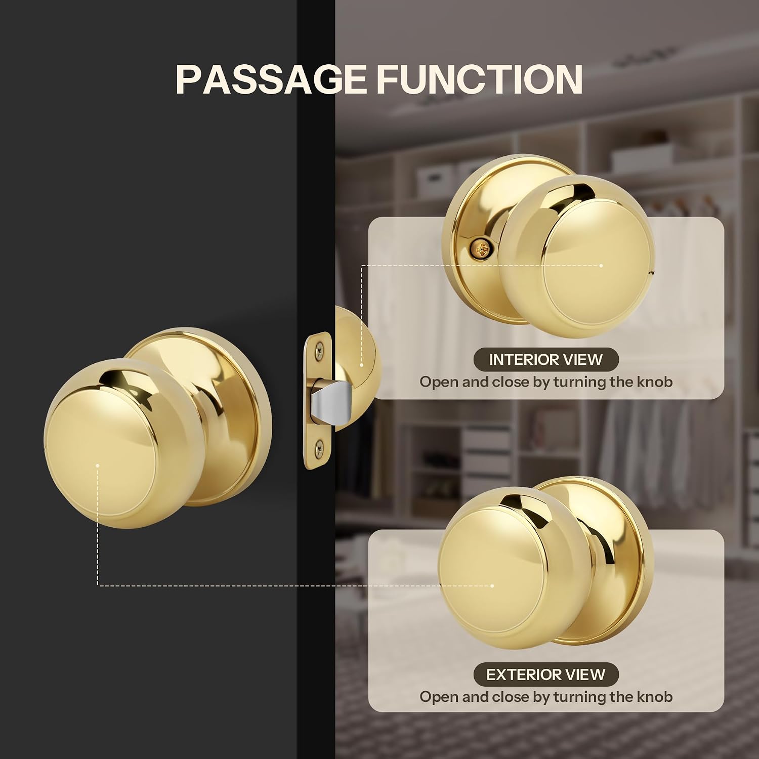 Flat Ball Door Knob Without Key and Lock, Non-Locking Passage Round Design Doorknob for Hallway/Closet, Polished Brass Finish