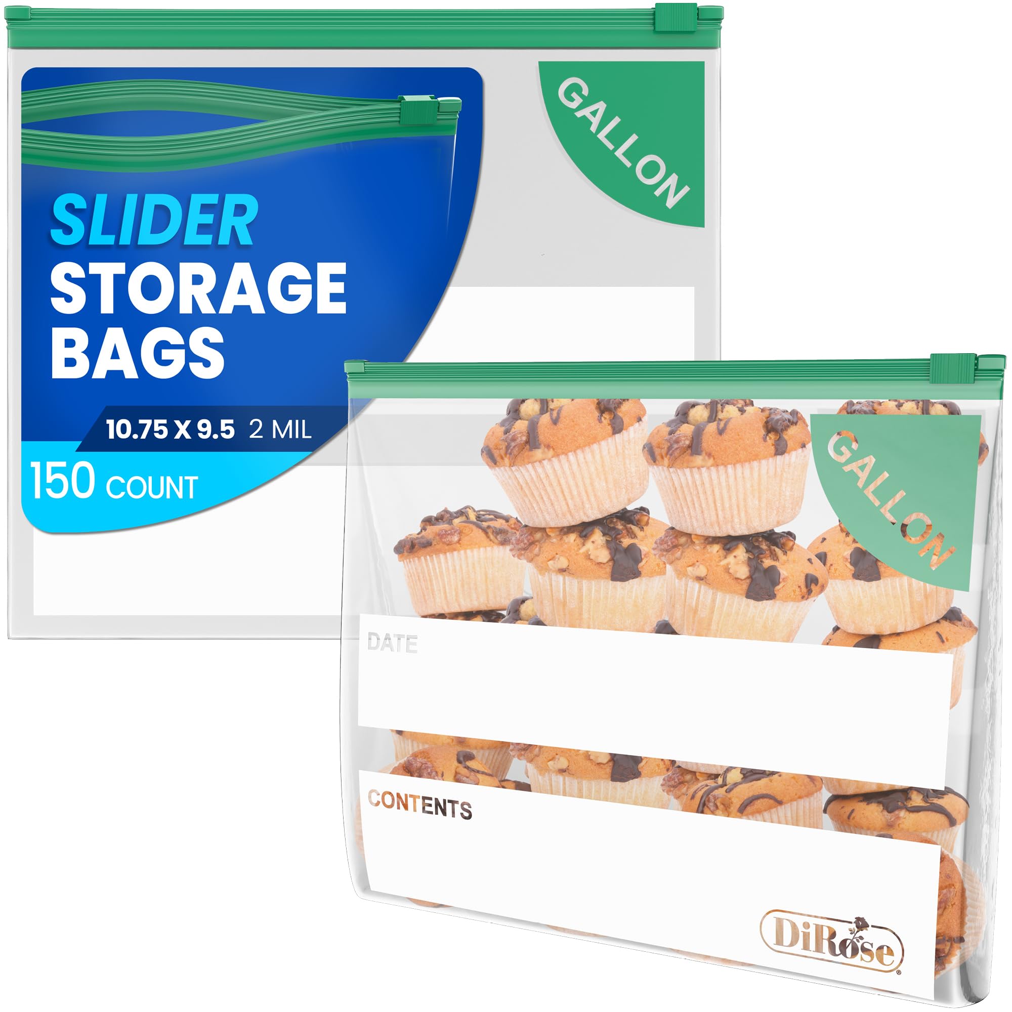 DiRose Gallon Slider Storage Bags, Easy Open Zip, Ideal for Food Storage and Organization, 150 Count
