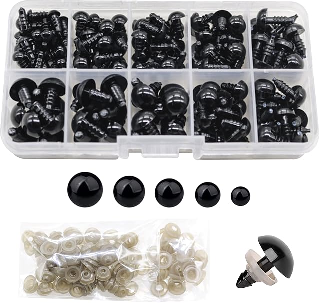 142pcs 6-12mm Black Safety Eyes Doll Making Plastic Safety Eyes with Washers Black Eyes for Crafts, Dolls Making Soft Toy Making DIY Crafts