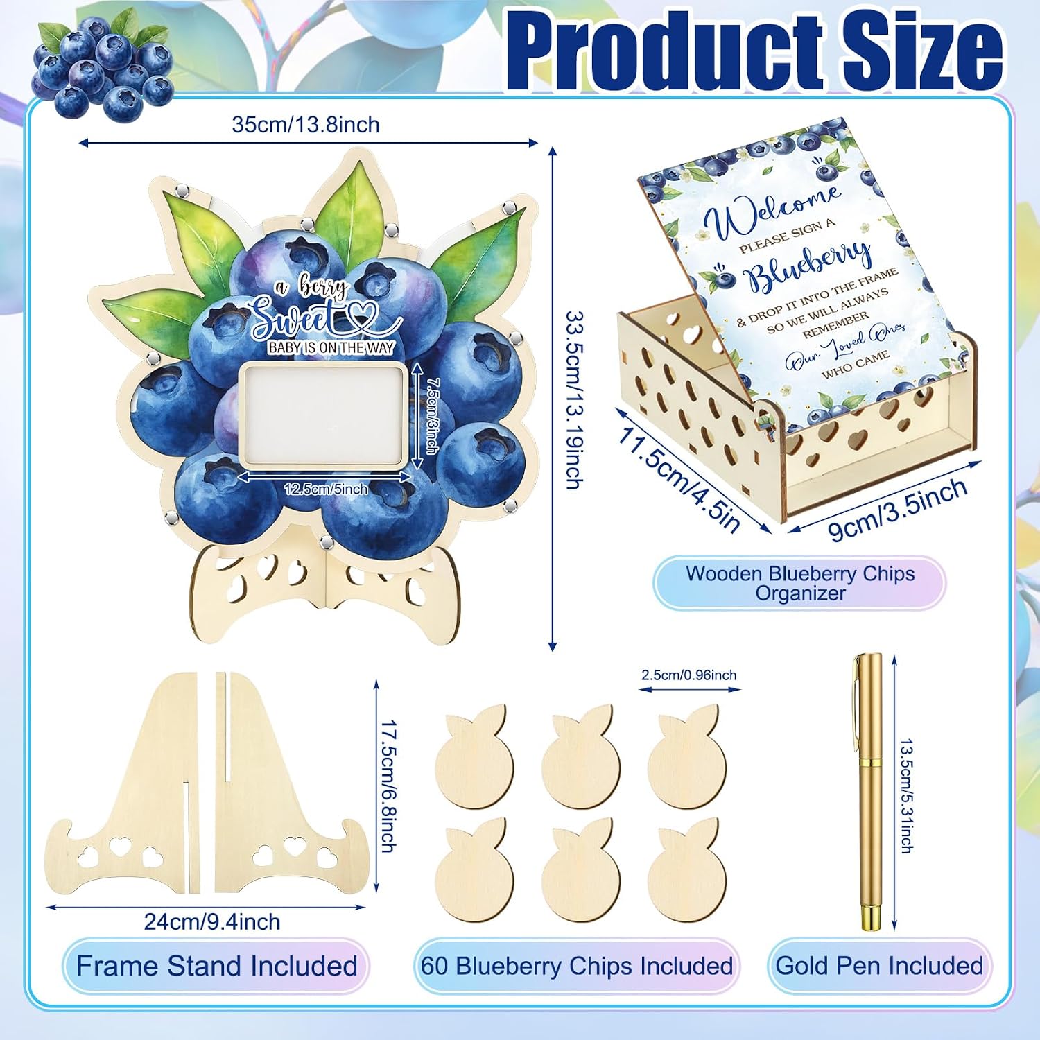 Wenqik 63 Pcs Blueberry Baby Show Guest Book Alternatives Set Baby Shower Decorations with Photo Frame Sonogram Frame Keepsake 60 Wood Slices Guest Book for Birthday