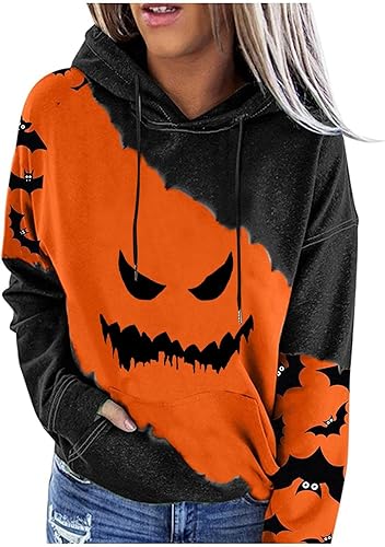 Sudaderas de Halloween para mujer, bloque de color, manga larga, sudadera con capucha, casual, holgada, con cordón y bolsillos