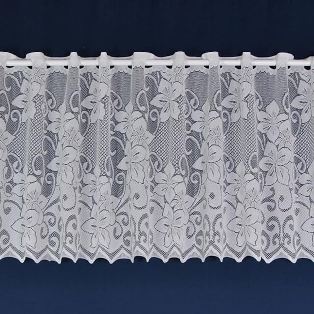 kellyuk Floral Budget Modern White Quality Kitchen Cafe Net Curtain Large Floral Design - 2 Metre Wide x 24'' (60cm) Drop