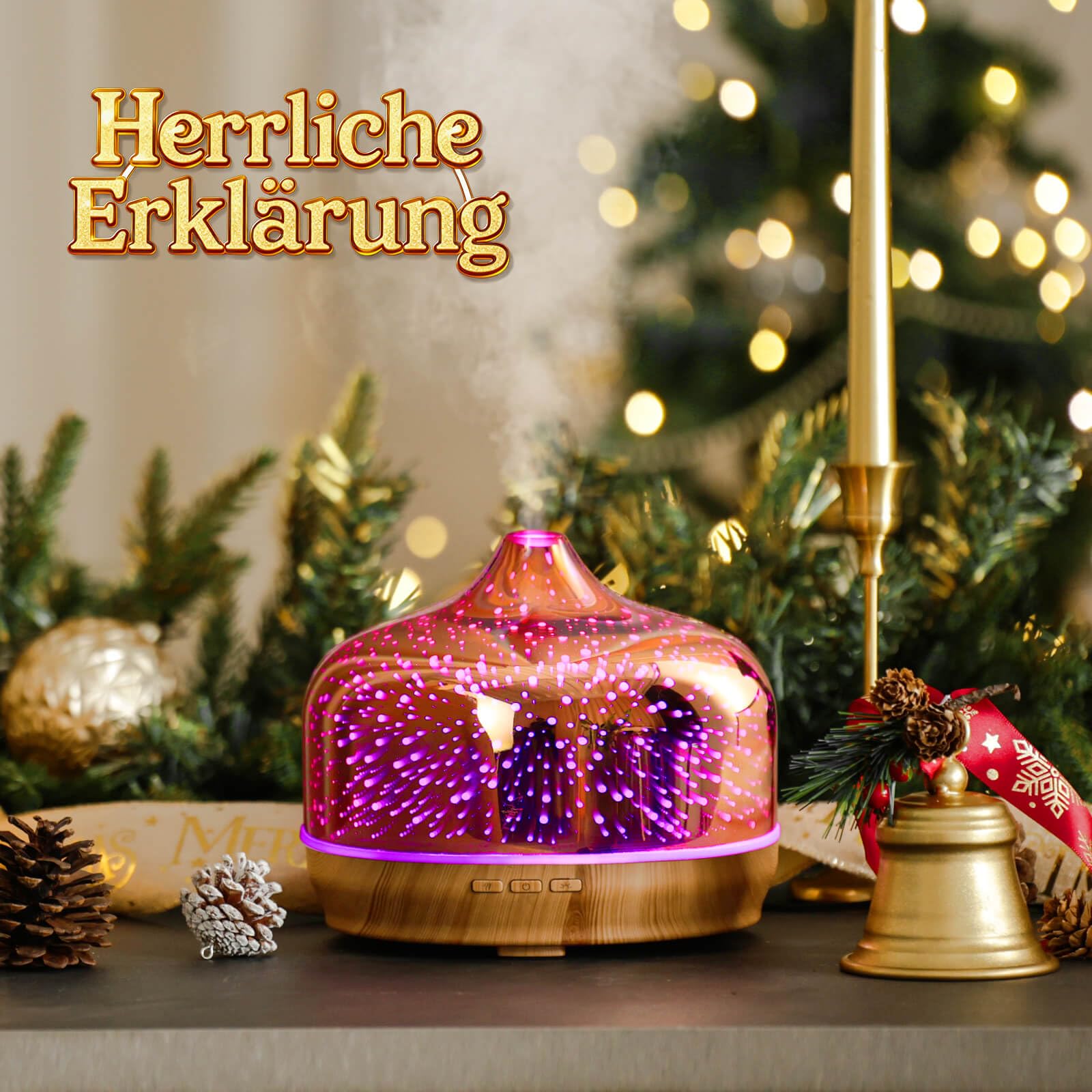 Porseme Aroma Diffuser 500ml,Handgeblasen Glas Luftbefeuchter,Ultraschall Aromatherapie Öle Diffusor mit 7 Farben LED Licht,Diffusor für Ätherische Öle Hält 15-21 Stunden,Leise für Wohnung (Rosegold)