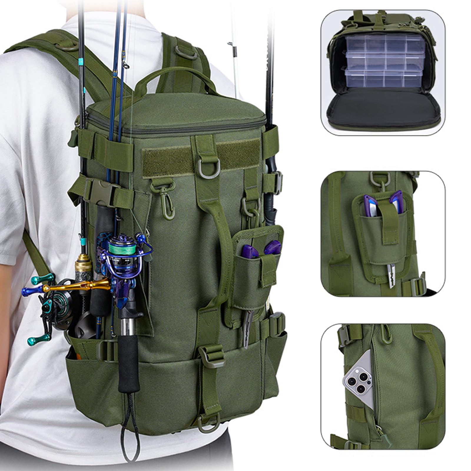 Borsa per attrezzatura da pesca resistente all'acqua all'aperto con supporto per canna da pesca zaino borsa porta canna da pesca, Verde