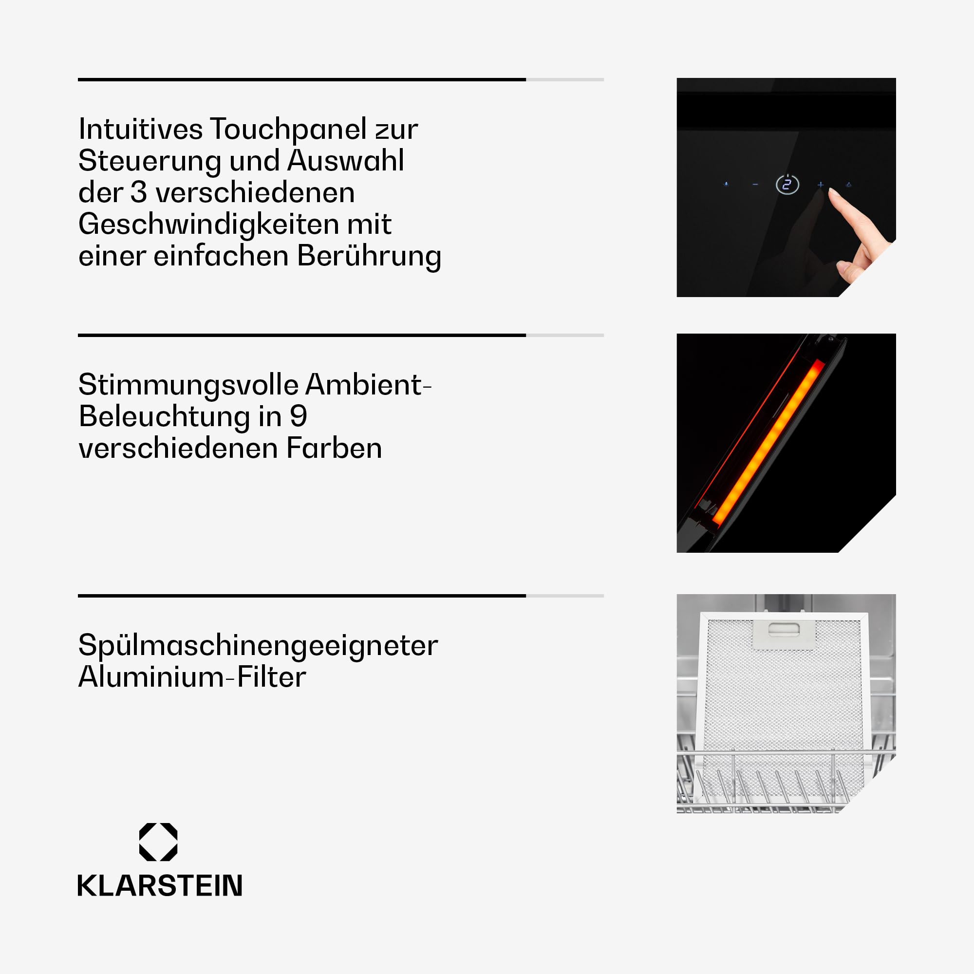 Klarstein Eleonora - Okap skośny, Klasa energetyczna A++, Wydajność wyciągu: 420 m³/h, Sterowanie dotykowe, Podświetlenie RGB, 59 dB, Recyrkulacja i wyciąg, Filtr przeciwtłuszczowy, 90 cm, czarny