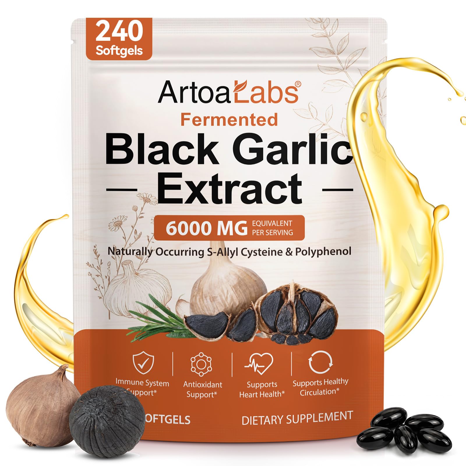 Fermented Black Garlic Extract 600 mg Softgels, 240 Count