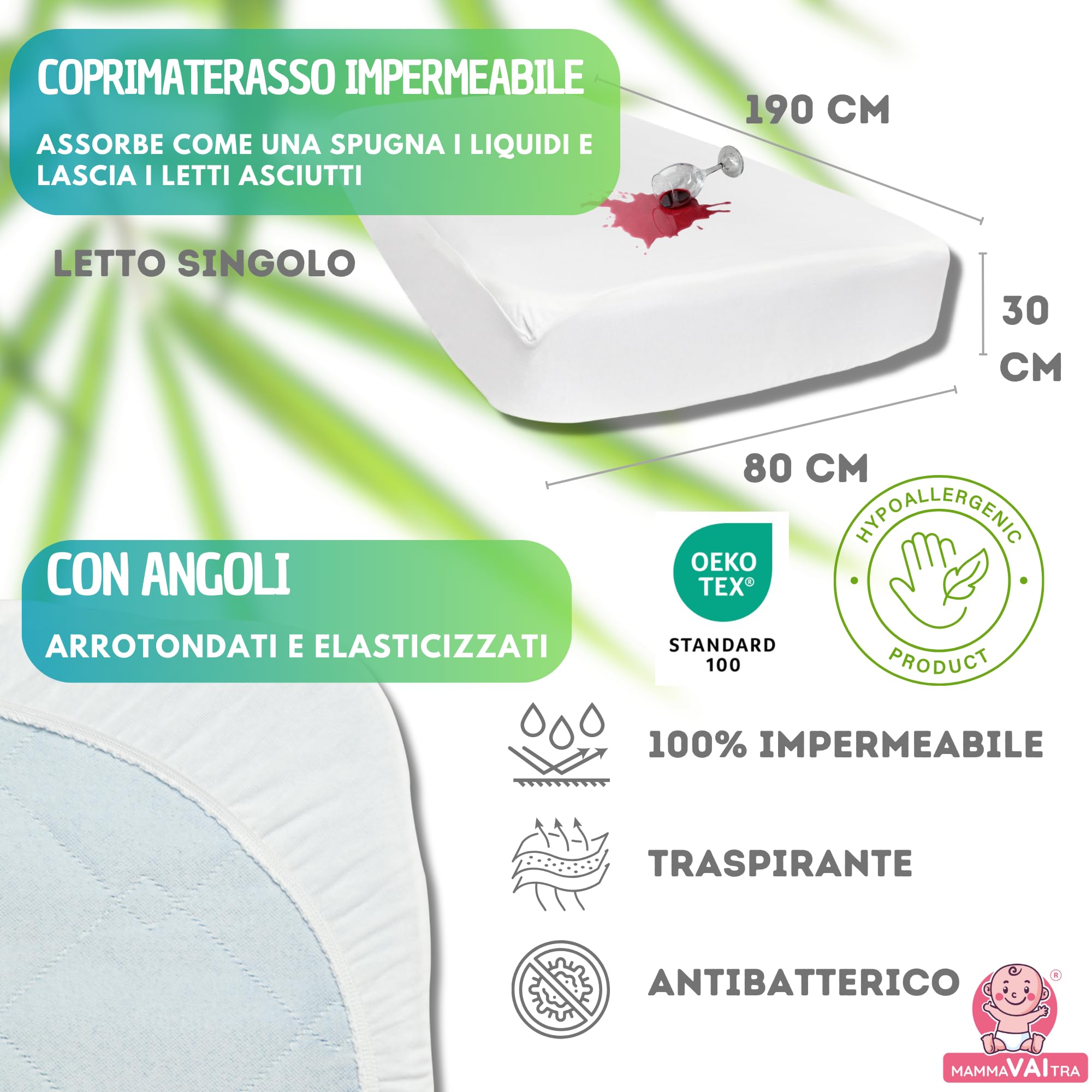 MammaVaiTra Coprimaterasso Singolo Impermeabile in Bambù 80x190x30 cm - 80x200x25 cm