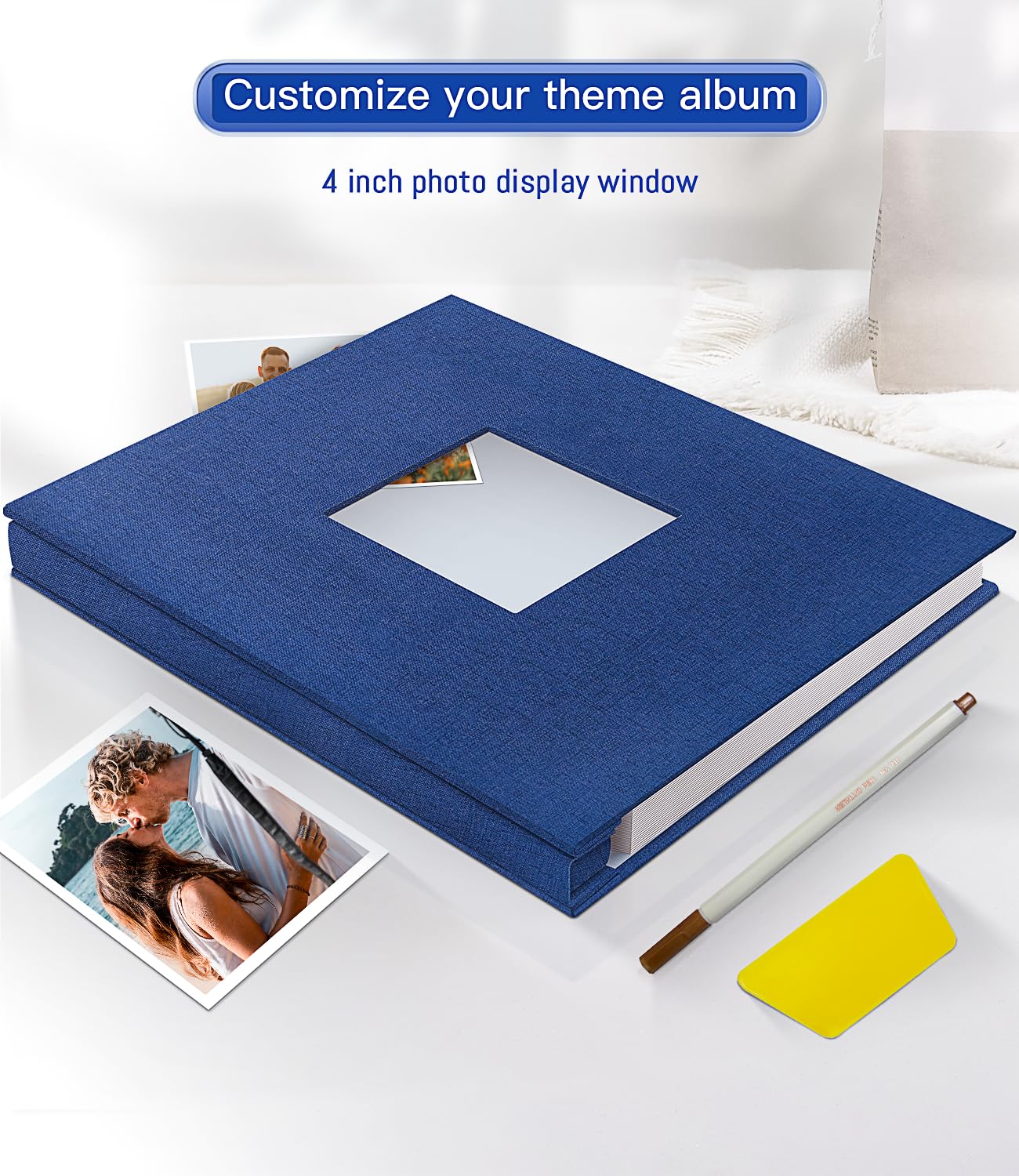 Popotop Álbum de fotos autoadhesivo con ventana de visualización de imágenes, 40 páginas, álbum de recortes para fotos de 4 x 6, 8 x 10 pulgadas, libro de recuerdos con cubierta de lino para boda de