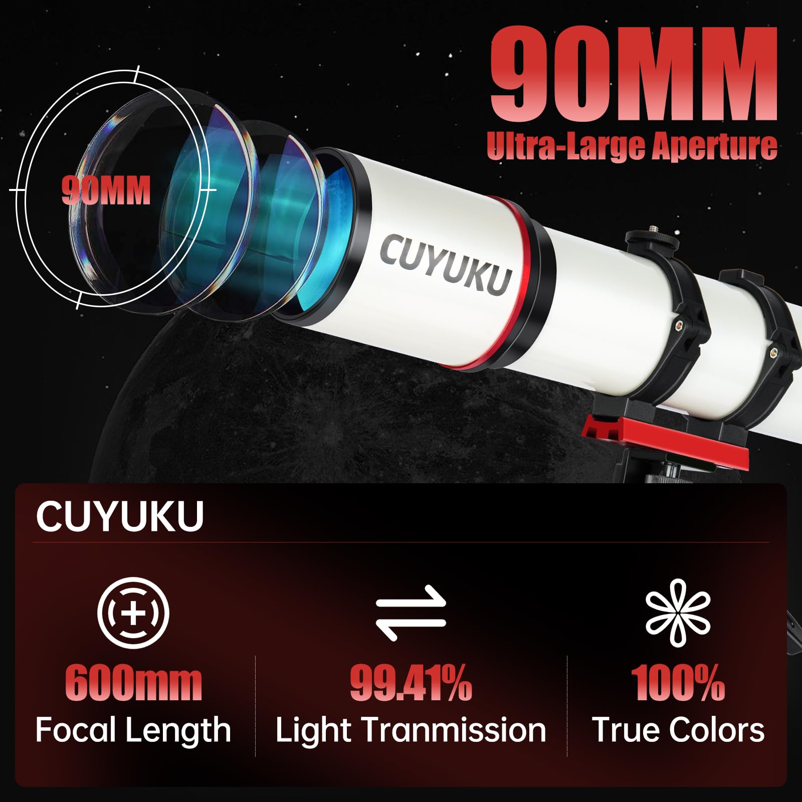 Photo 1 of 90mm Aperture 600mm AZ Mount Refractor Telescope for Adults High Powered,CUYUKU Telescopes for Adults Astronomy,Telescopio Profesional,Simple to Install and Easy to Operate