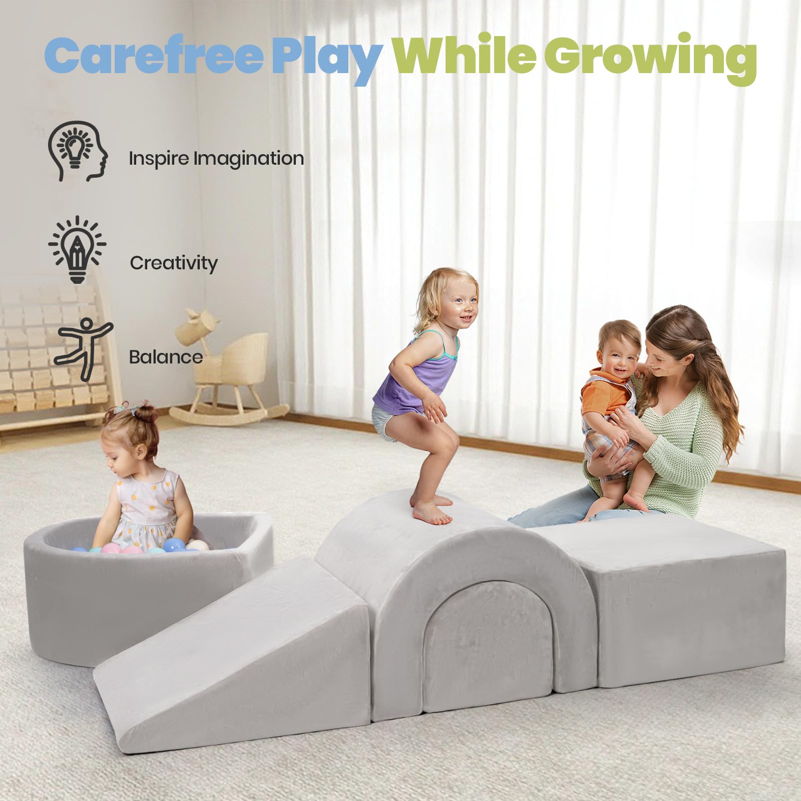 Rinnebbit Foam Climbing Blocks for Toddlers, 5-Piece Tunnel Climber and Crawl Playset, Indoor Activity Play with Ball Pit, Machine Washable Velvet Cover, Soft Climbing Toy for Kids 1-3 (Gray)