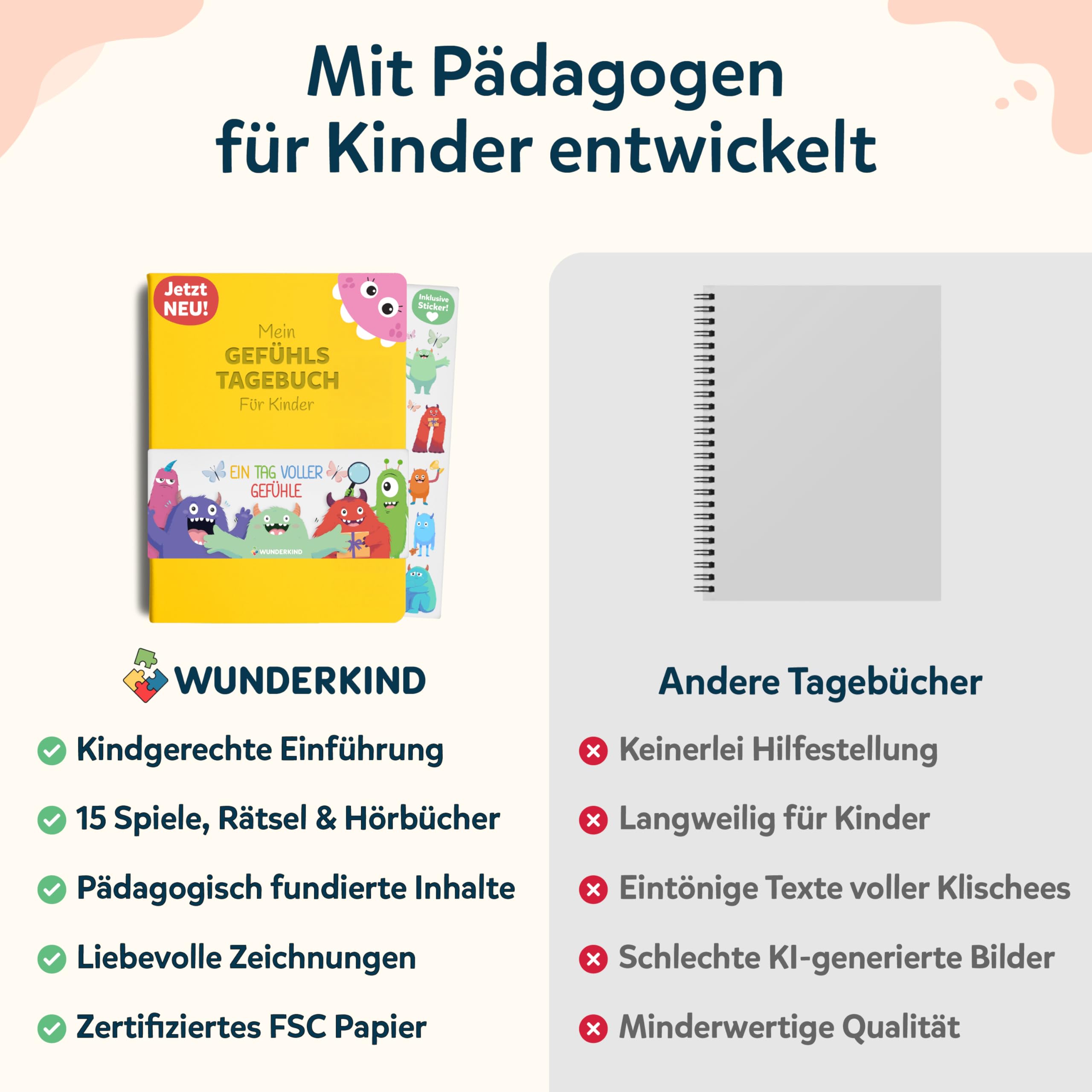 Wunderkind Gefühlstagebuch Kinder 6-12 Jahre | Tagebuch Mädchen und Jungs | Gefühle Buch Kinder | Für ein gutes Gefühl | Dankbarkeitstagebuch für Kinder (inklusive 15 Spiele, Sticker & Hörbuch)