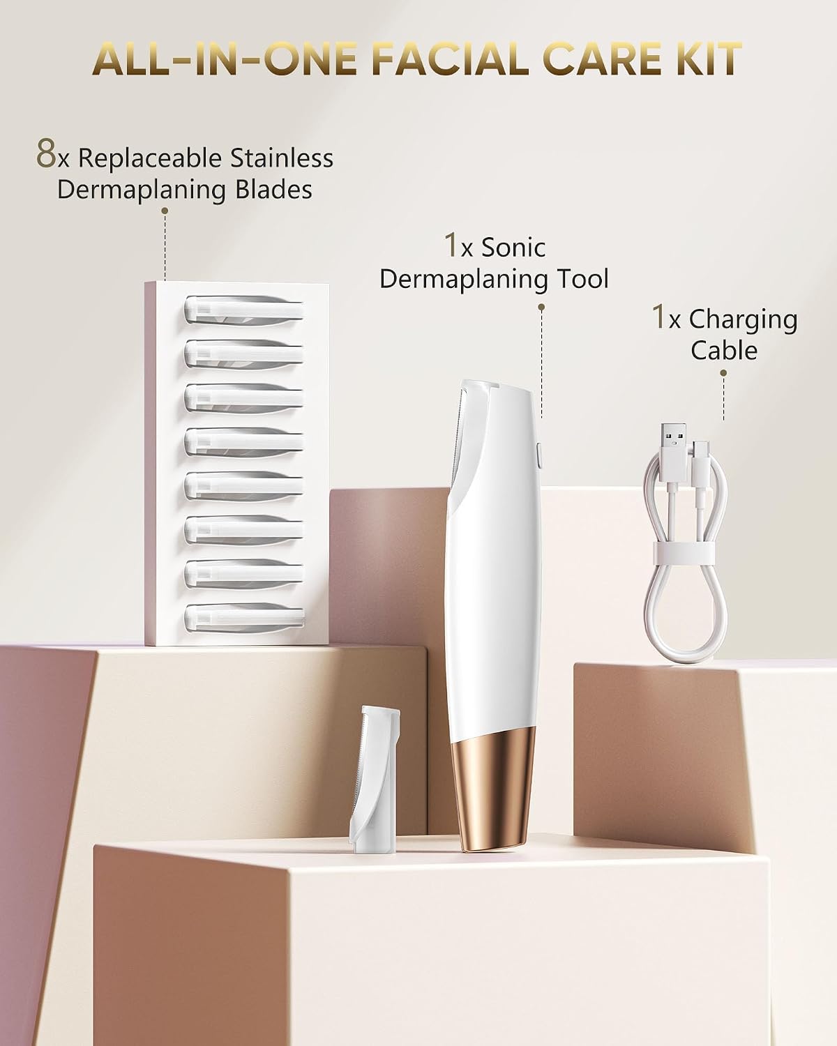 Dermaplane Razor for Women Face – Electric Sonic Facial Dermaplaning Tool for Smooth & Silky Skin, Safe Peach Fuzz Remover with LED Light& 8 Replacement Blades, Non-Irritating Hair Removal (White)