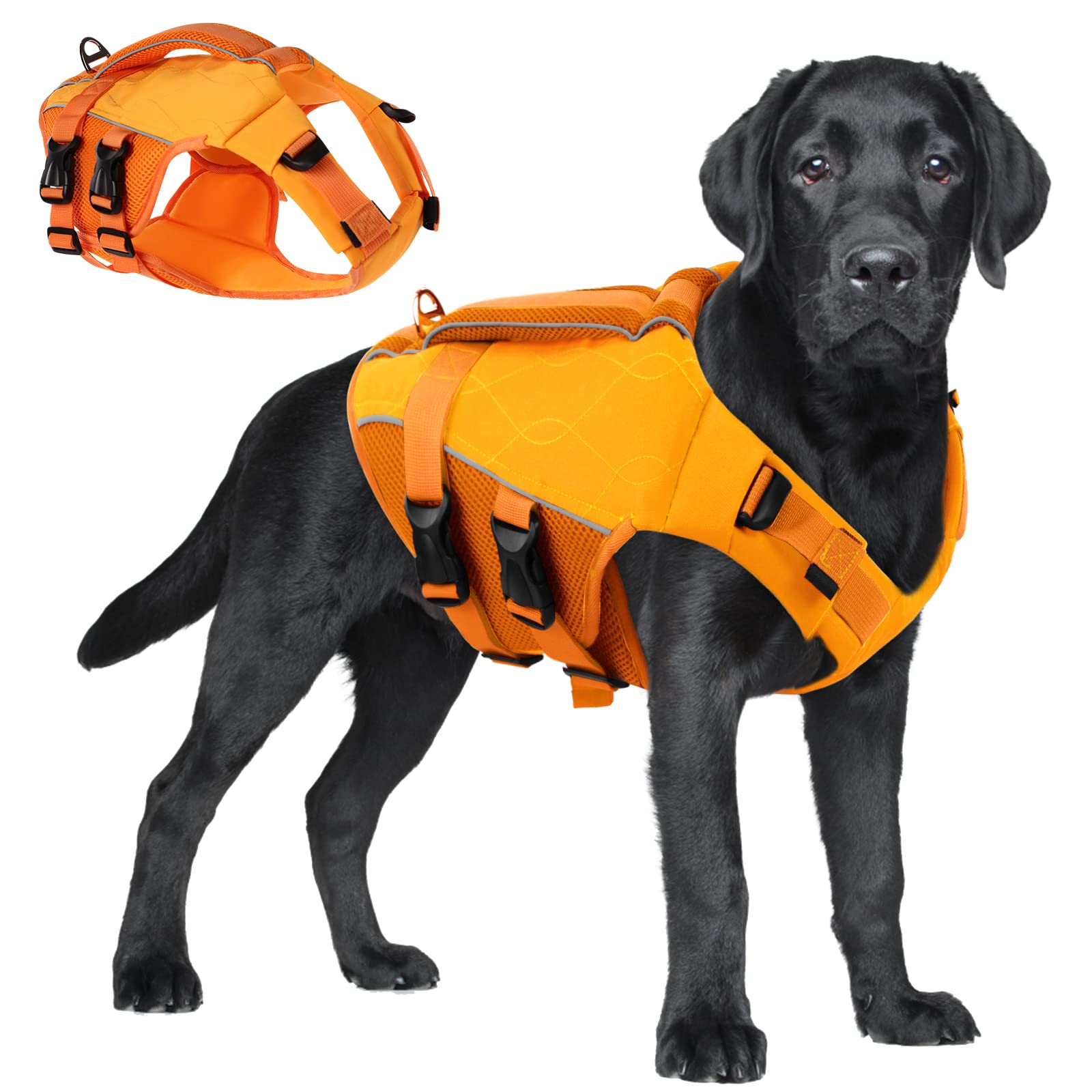 ASENKU Giubbotto Salvagente Cane con Maniglia di Salvataggio, Giubbotto Salvataggio Cane con Elevata Galleggiabilità, Giubbotto di Sicurezza Cane Leggero Ripstop con Strisce Riflettenti Arancione L