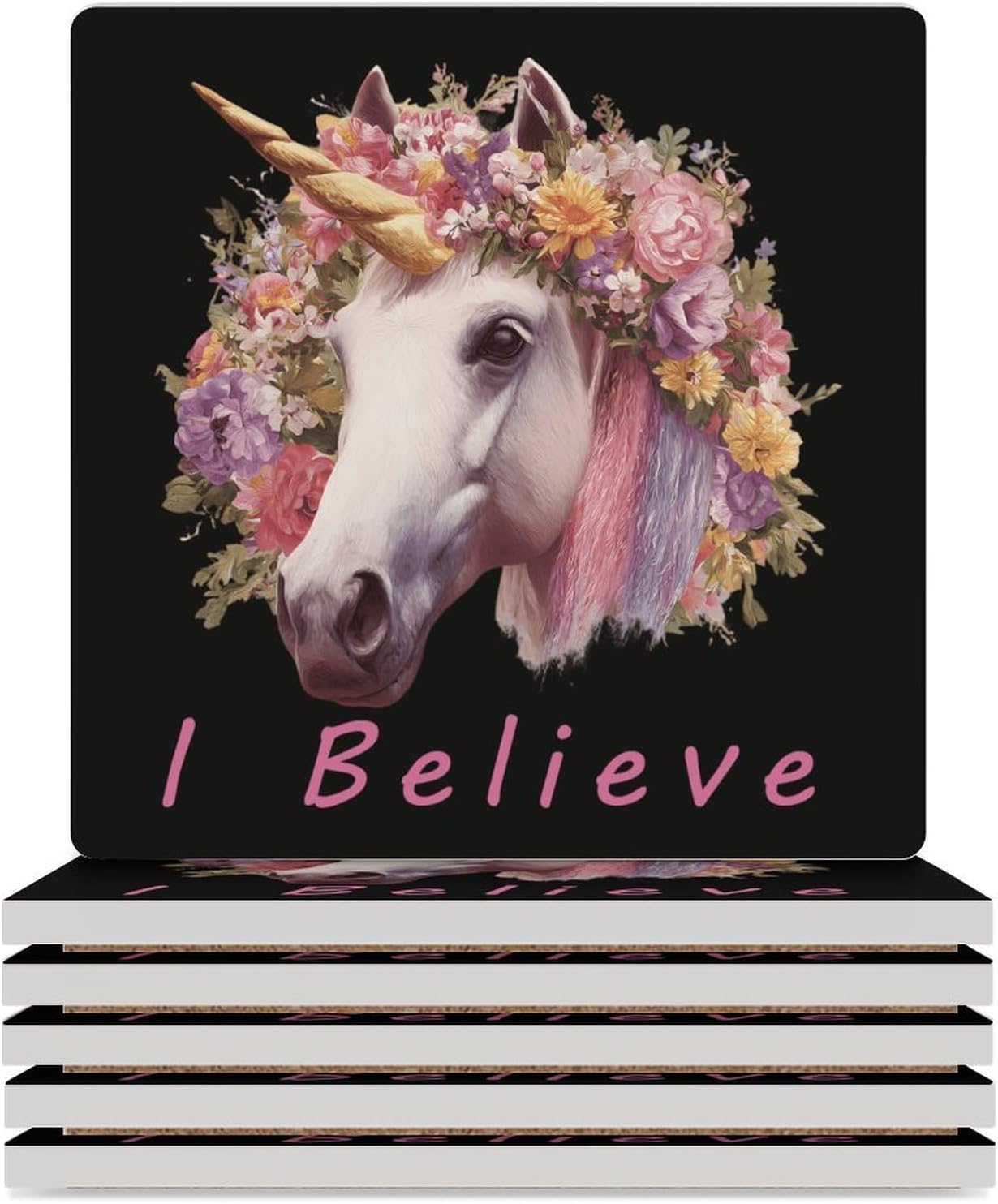 I Believe Un-icorns Coaster for Drinks Square Ceramic Table Coasters Stone Mat Crafts 4PCS Home Kitchen Decor