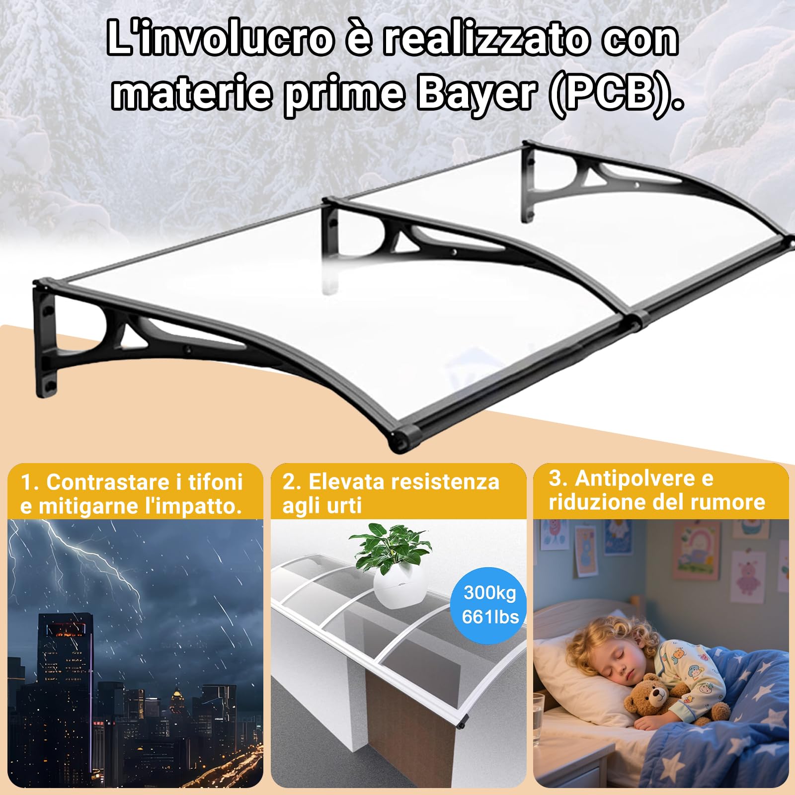 Pensilina Tettoia, Tettoia per Esterno, Pensilina da Esterno in Policarbonato, Resistente ai raggi UV/alla pioggia,Tettoia per Esterno/Porte/Balcone/Finestre 80x230cm