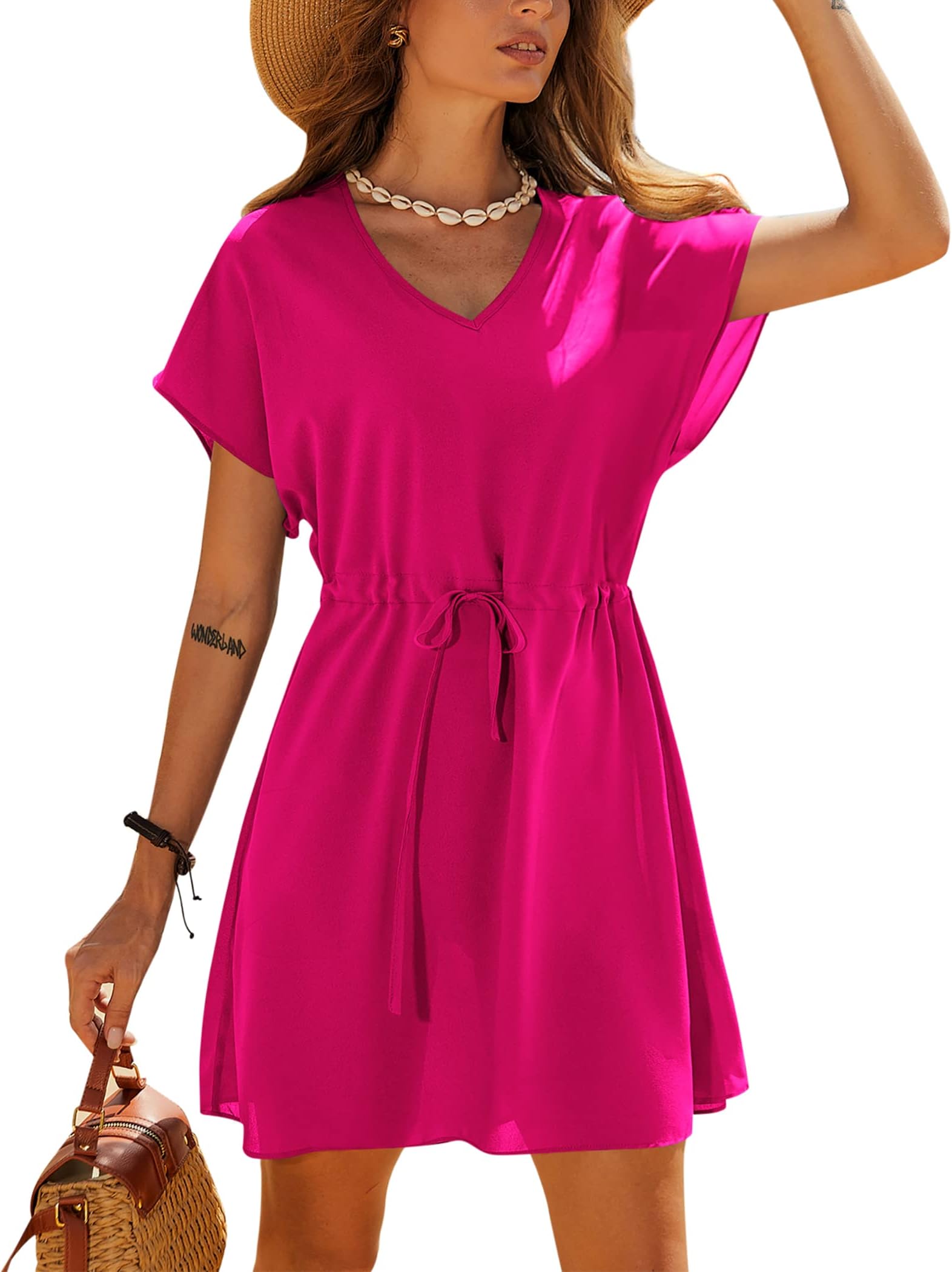 EkouaerWomens Swimsuit Coverup Short Sleeve Beach Cover Up Dress V Neck Bikini Beachwear