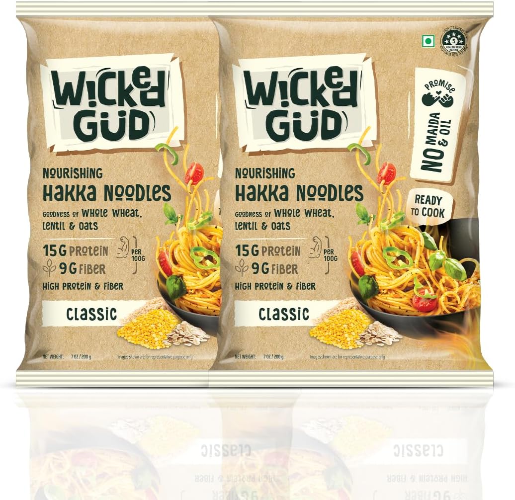 Hakka Noodles, Pack of (200gm x 2) | Whole Wheat | Lentils | Oats | No Maida | No Oil | No MSG | High Protein | High Fibre | Cholesterol Free