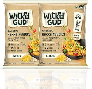 WickedGud Hakka Noodles, Pack of (200gm x 2) Whole Wheat Lentils Oats No Maida No Oil No MSG High Protein High Fibre Cholesterol Free