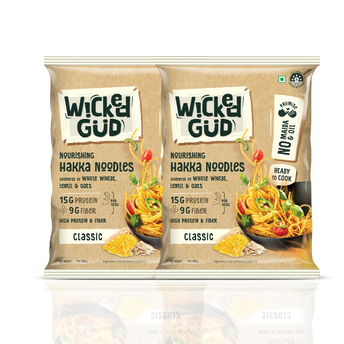 WickedGud Hakka Noodles, Pack of (200gm x 2) | Whole Wheat | Lentils | Oats | No Maida | No Oil | No MSG | High Protein | High Fibre | Cholesterol Free