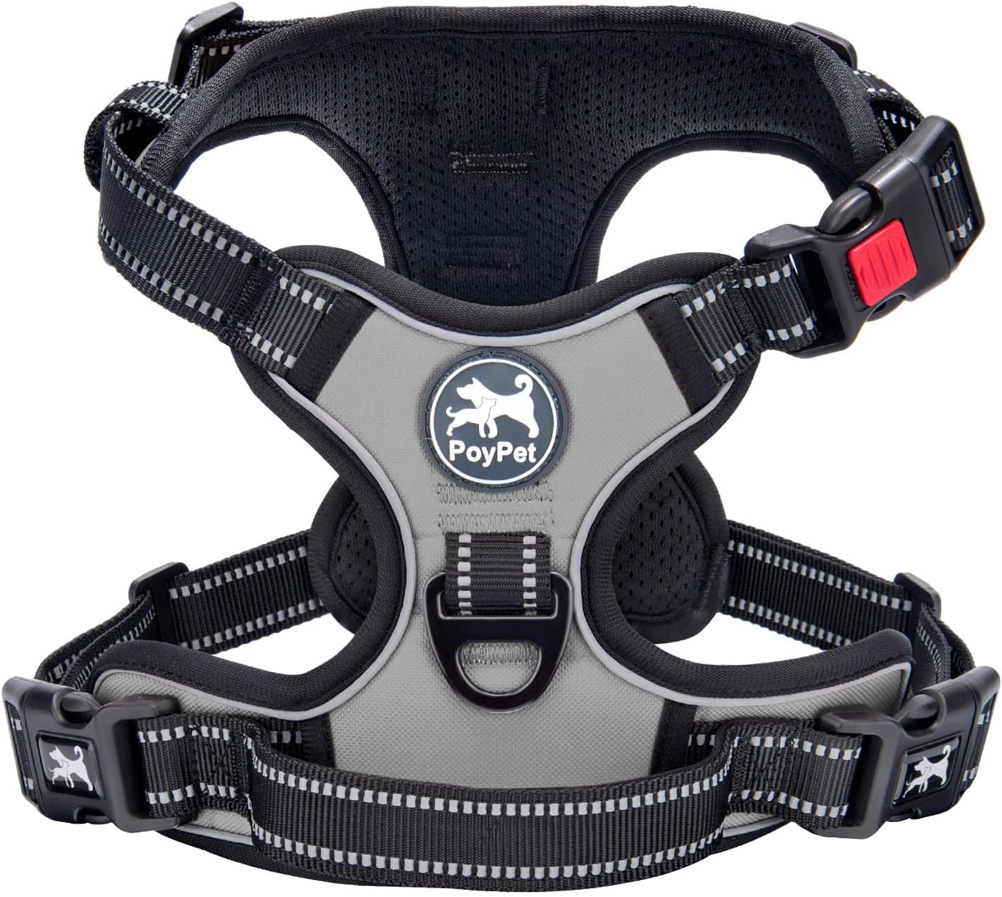 PoyPet No Pull Dog Harness with Neck Release Buckle, Reflective No-Choke Harness with 2 Leash Clip, Adjustable Soft Padded Pet Vest with Easy Control Handle for Large Dogs (Grey,L)