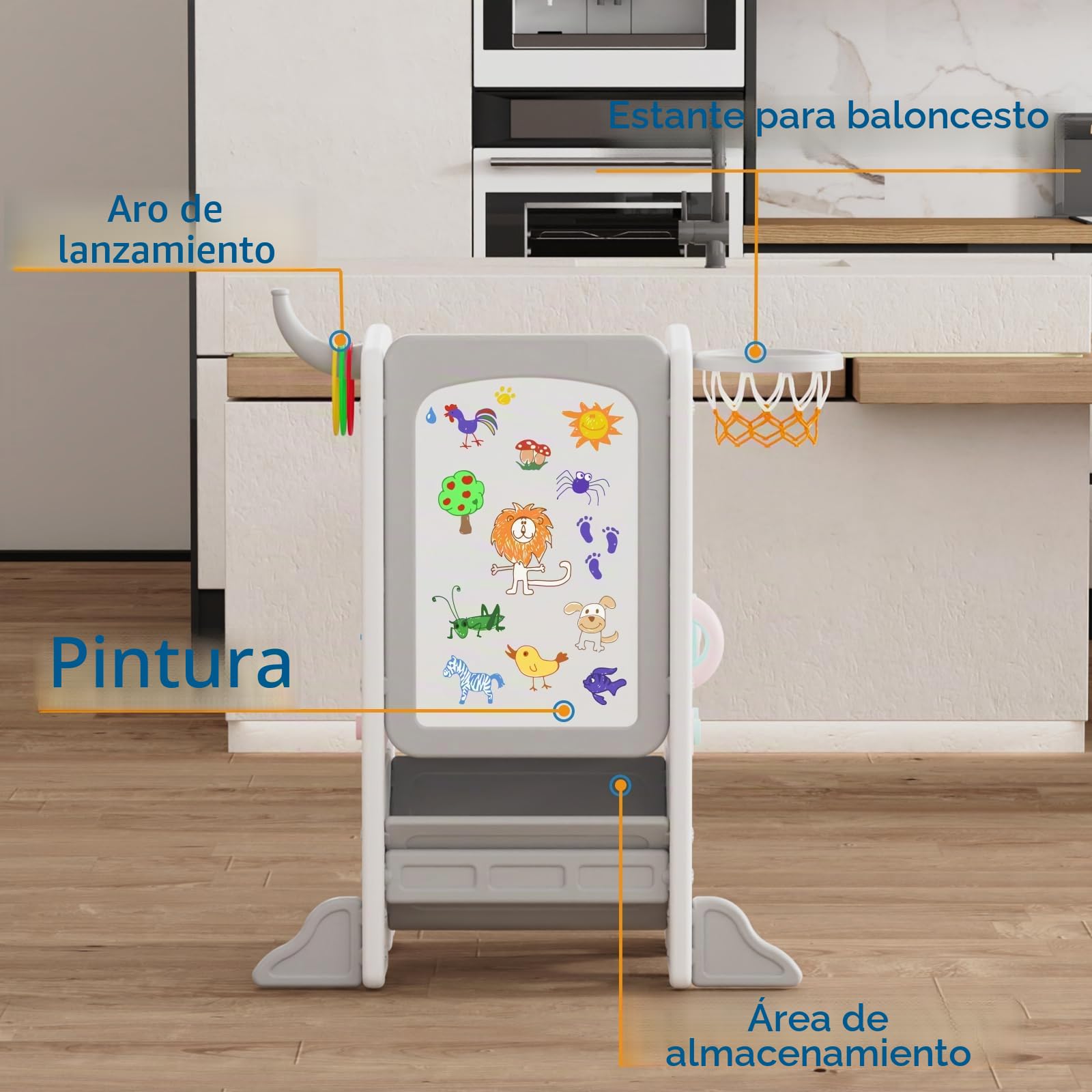 Gupamiga Torre de Aprendizaje Montessori para Infantil, Antivuelco, Regulable en Altura, Peldaños Antideslizantes, con Funciones de Entretenimiento como Pintar, Baloncesto o Lanzamiento de Aros SST-02