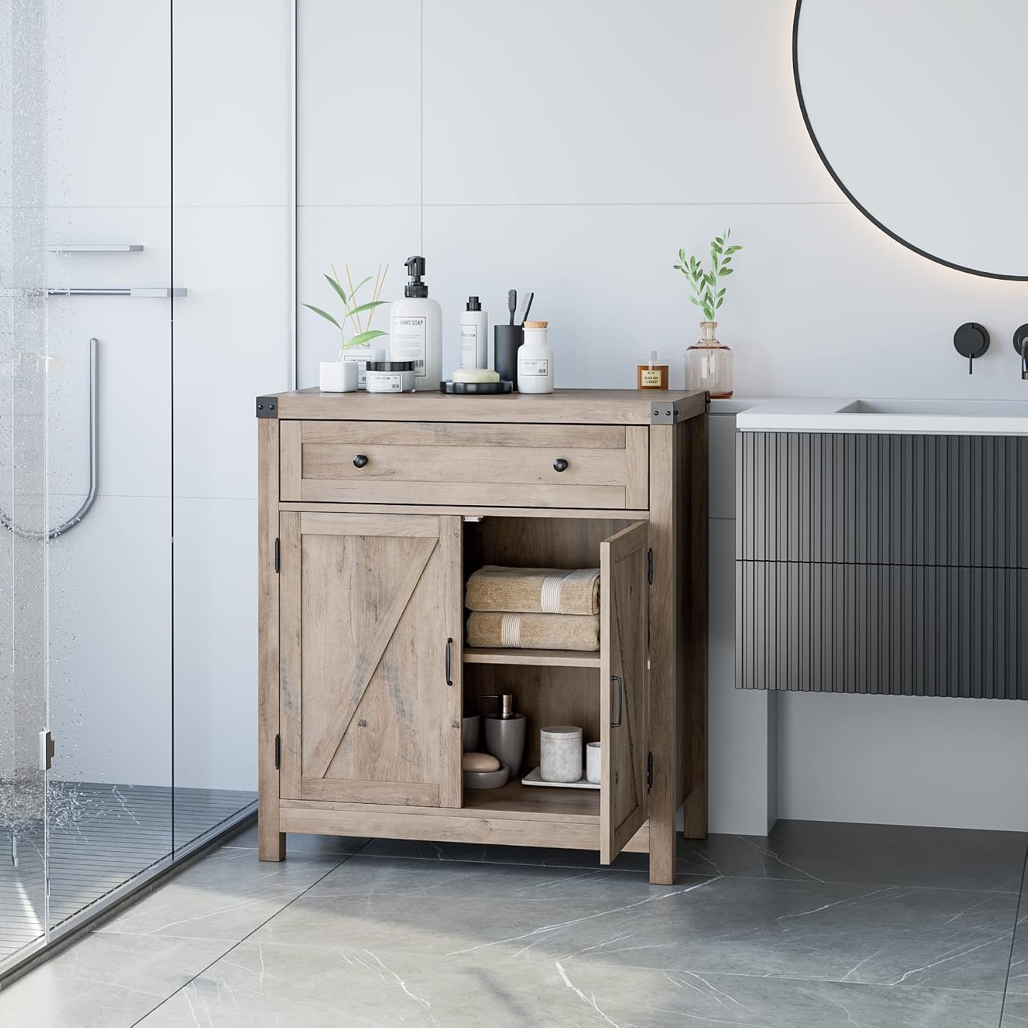 HOSTACK 2 Door Modern Farmhouse Storage Cabinet, Wood Kitchen Buffet Sideboard with Drawer and Shelf, Floor Cabinet Cupboard for Entryway Living Dining Room Bathroom,Gray