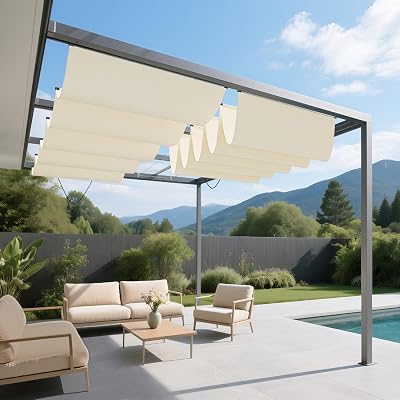 7'x27' Waterproof Retractable Pergola Canopy Shade Cover UV Block Replacement Shade Cloth Outdoor Wave Sunshade Sails with Wire Cables for Deck Porch Garage Backyard Beach, Beige
