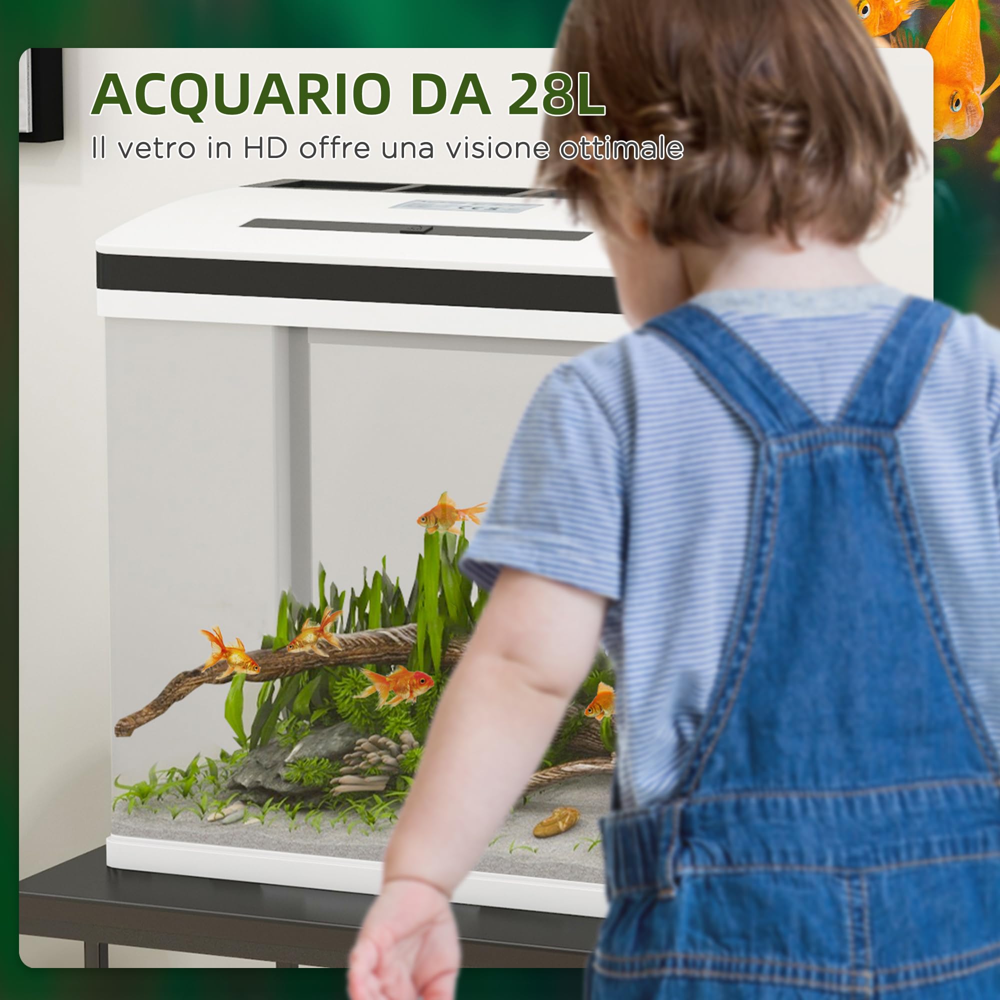PawHut Acquario per Casa da 28L a Illuminazione LED con Fori di Ventilazione e Pompa Silenziosa, Vaschetta per Pesci in Vetro HD e ABS, 38x26x38 cm, Bianco e Trasparente