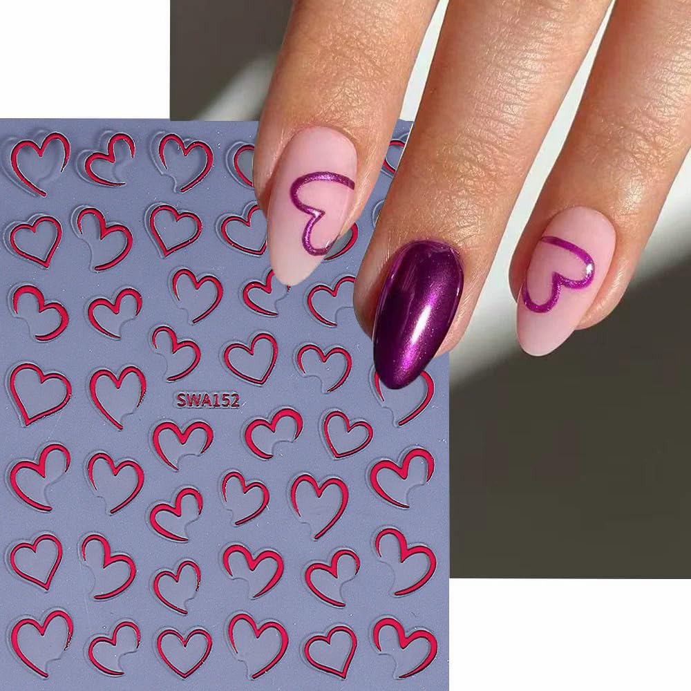 Condition photo showing New/Like New for valentine's day heart nail art stickers decals 6pcs empty love heart 3d self-adhesive nail decals valentine nail art decorations supplies silver gold rose pink heart stickers for nails manicure decor valentines design style1