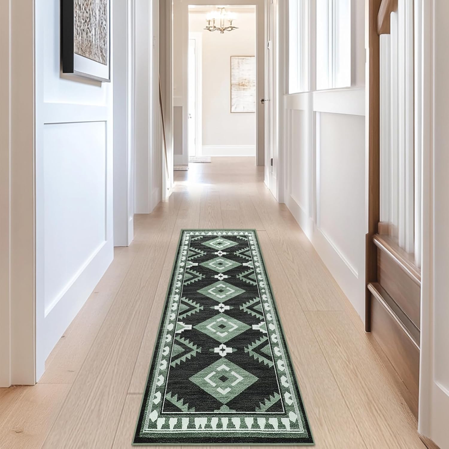 Tijuboni Western Hallway Runner Rug 2x6, Non-Slip Long Runners for Bedroom Kitchen Hall Laundry, Southwestern Area Rugs Washable, Aztec Black-White-Green