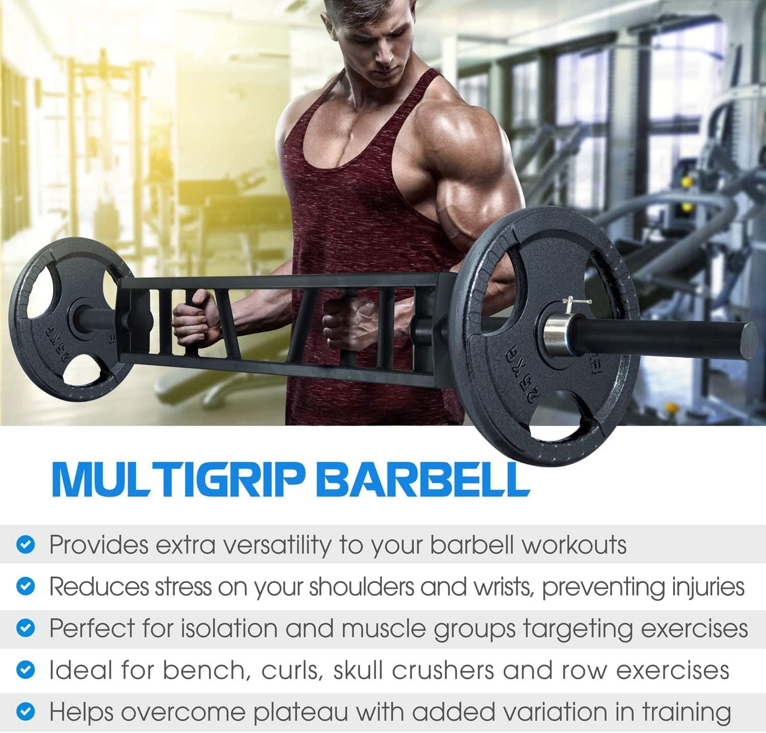 Yes4All Multi Grip Barbell & Cable Attachment - Swiss Bar, American Bar for Greater Range of Motion, with 2 Collars, Fits Olympic Weight Plates - Home Gym & Support Pressing, Lifting & Curls