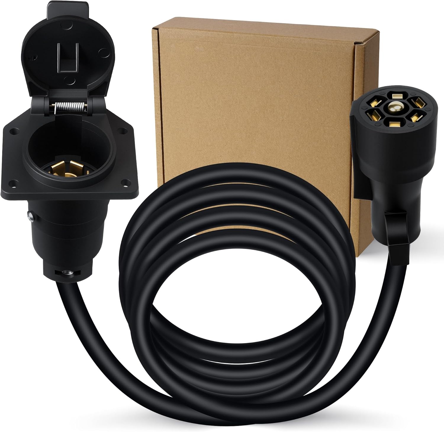 7 Way Trailer Plug Socket Extension Cord 10FT, Heavy Duty 7 Pin RV Plug Connector, Pure Copper 7 Blade Trailer Wiring Connector Cable for Towing Car