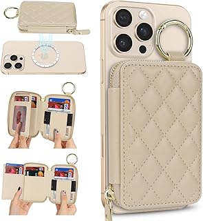 Compatible with MagSafe Wallet,Magnetic Phone Wallet Card Holder for iPhone 17/16 Pro Max/15 Pro/14 Plus/13/12 Series,PU Leather Zipper Pocket Adjustable Stand-Beige