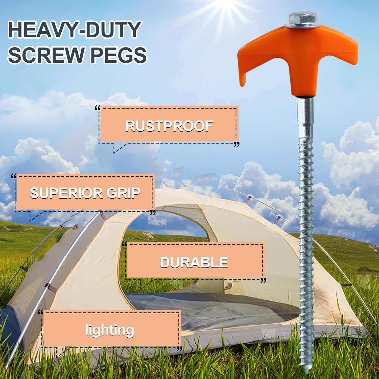 20 Pack Screw in Tent Stakes Heavy Duty, 8 Inch Ground Anchors, Metal Stakes,Camping Tent Accessories with Hex Head Driver and Sturdy Storage Bag (Orange)