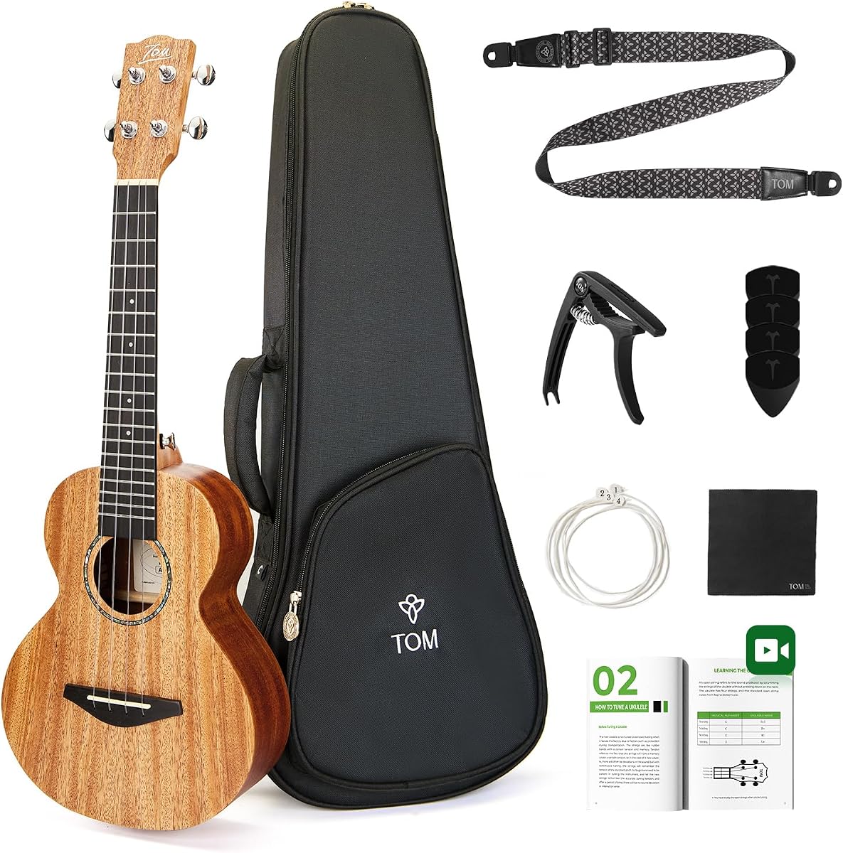 TOM Ukelele de concierto de caoba con tapa sólida de 23" - Kit principiante de ukelele para profesionales, principiantes, adultos y niños, resonancia profunda con cuerdas D'Addario preinstaladas (Concierto AM5)