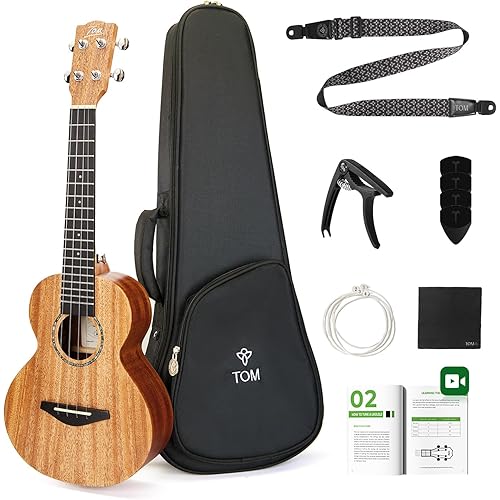 TOM 23" Solid Top Mahogany Concert Ukulele – Ukelele Beginner Kit Includes Quick Locking Ukulele Strap for Professional, Beginners, Adults & Kids, Deep Resonance with D’Addario Strings (AM5-Concert)