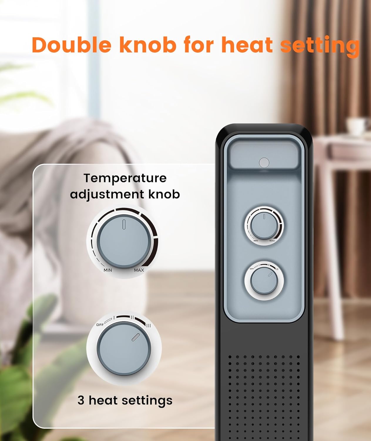 Close-up image of the control panel on the Joy Pebble oil filled radiator heater, showing two rotary knobs for power and temperature settings.